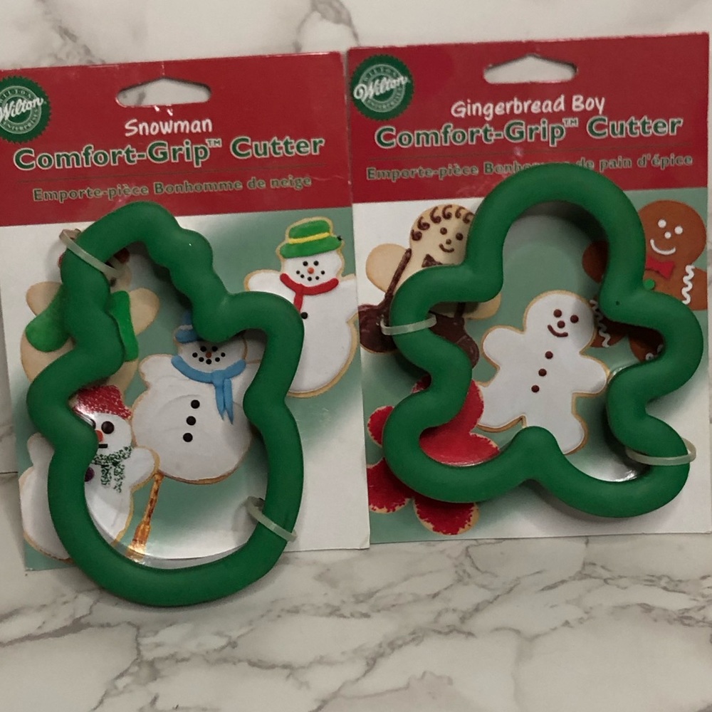 Two 2005 Wilton Comfort Grip Christmas Cookie Cutters Snowman, Gingerbread Man.